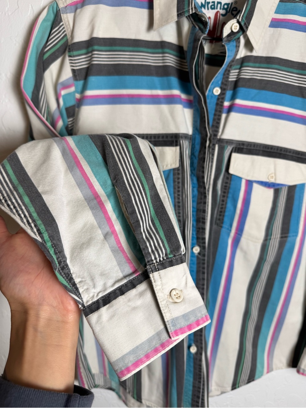 Vintage 90s Wrangler Painted Desert Striped Western Button Up Shirt - Picture 3 of 13